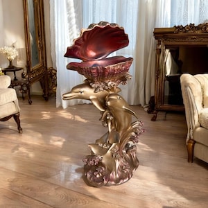 Pedestal de delfín y concha dorados: decoración costera glamurosa, escultura de resina (68 cm de alto)