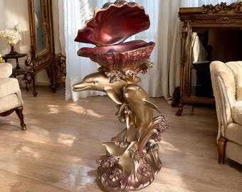 Gold Delfin & Muschel Sockel: Glam Coastal Decor, Harz-Skulptur (68 cm hoch)