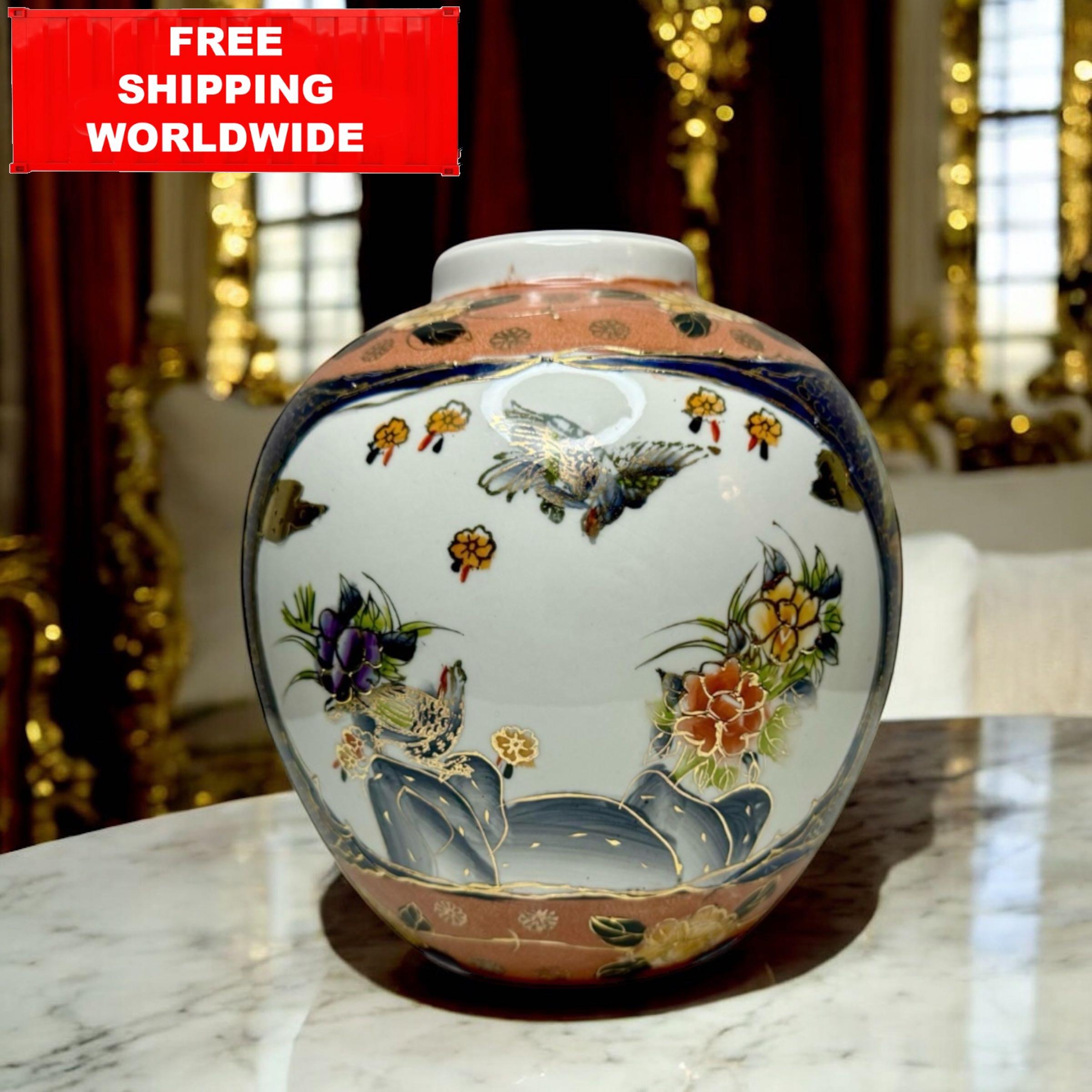 ヴィンテージ手描き陶器花瓶、鳥と花、ゴールドのアクセント