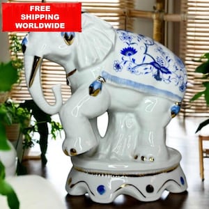 Porcelain Elephant Figurine | White and Blue Elephant Statue | Vintage Home Decor | Good Luck Elephant | Asian Inspired Ceramic Decor