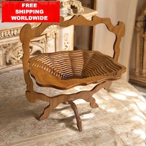 Handmade Wooden Basket Centerpiece: 1980s Spanish Rustic Table Decor