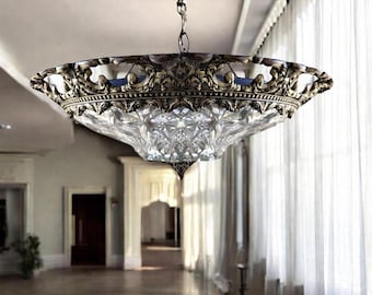 Vintage taklampa i infälld design, barockstil, förgylld mässing och slipat glas