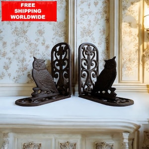 Vintage Cast Iron Owl Bookends – Rustic Gothic Decor – Heavy Metal Book Ends – Wise Owl Figurines – Antique Style Shelf Decor
