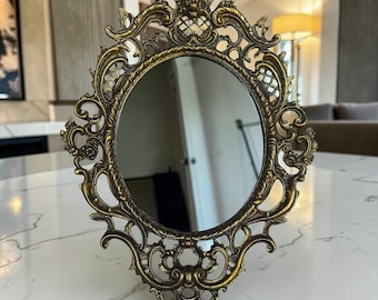 Vintage Bronze Wall Mirror, Ornate Rococo Gold Mirror, Round Baroque Mirror With Aged Glass Patina