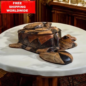 Hand-Carved Wooden Turtle Box: Rustic Trinket Storage with Lid