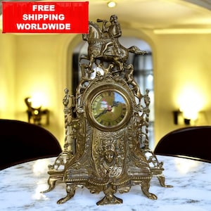 Vintage Baroque Bronze Mantel Clock – Ornate Rococo Revival Table Clock with Horseman & Lady Face 44x34x11 cm