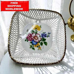 Vintage Porcelain Bowl – Iris Cluj-Napoca, Square Pierced Dish with Floral Center & Gold Trim