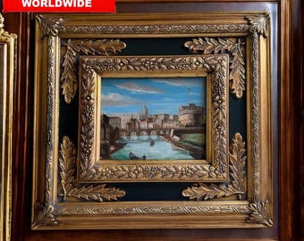 Tableau sur le canal de Venise avec cadre baroque orné, oeuvre d'art murale italienne vintage 54 x 49 cm / 21 x 19 po. – Décoration européenne romantique