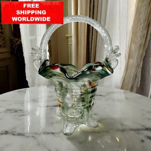 Vintage Murano Glass Basket with Handle – Handblown Italian Art Glass Centerpiece, 26 cm Tall