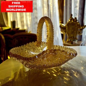 panier vintage en verre pressé | Bol en verre ambré 16 x 13 cm | Verre à dépression | Bonbonnière de collection | Décoration de table rétro