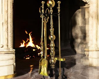 Vintage Fireplace Set 3 Brass Tools and Stand Plated 4 Piece Set