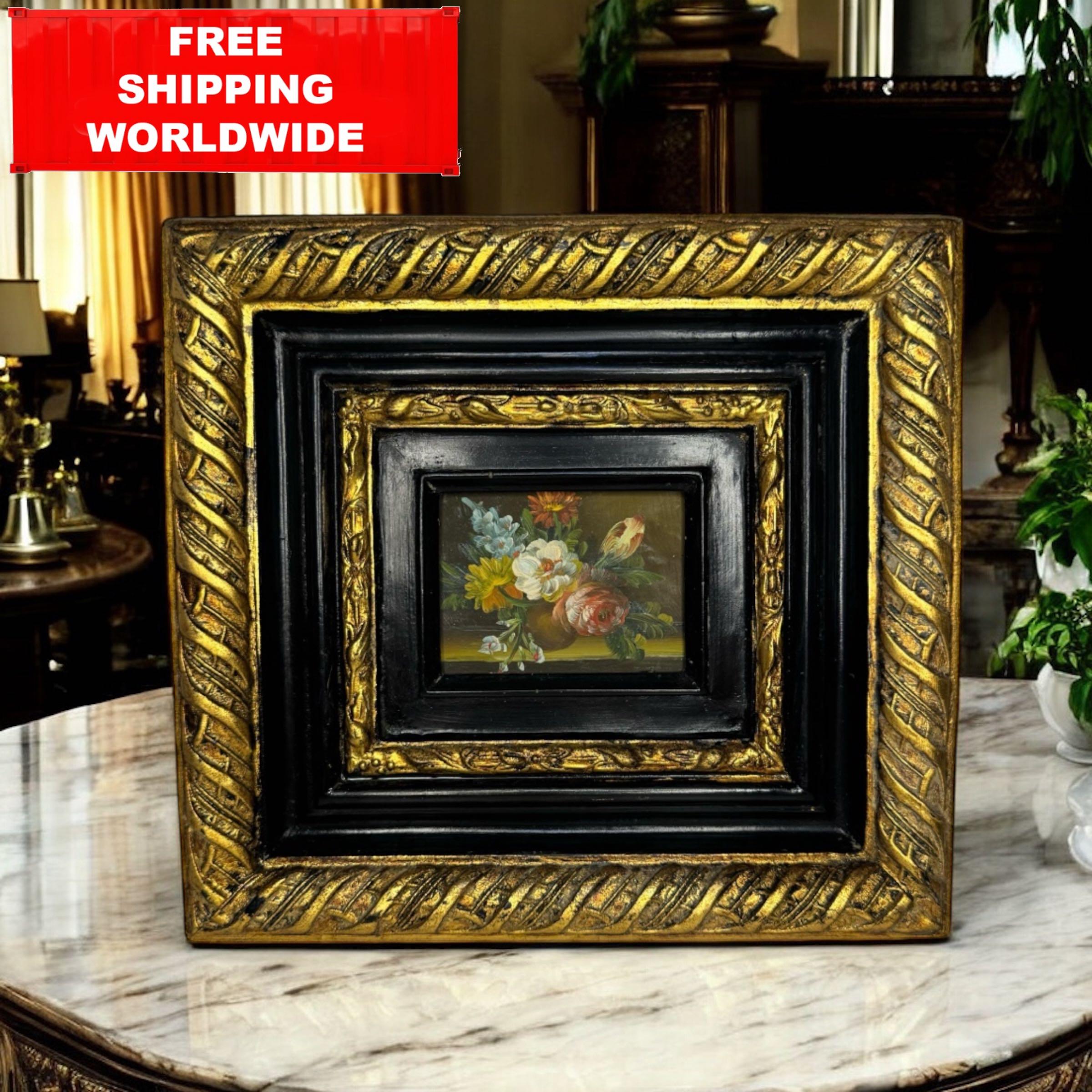 Miniature Baroque Floral Painting – Hand-Painted Oil on Board – Ornate Black & Gold Frame, Vintage Still Life, European Wall Art