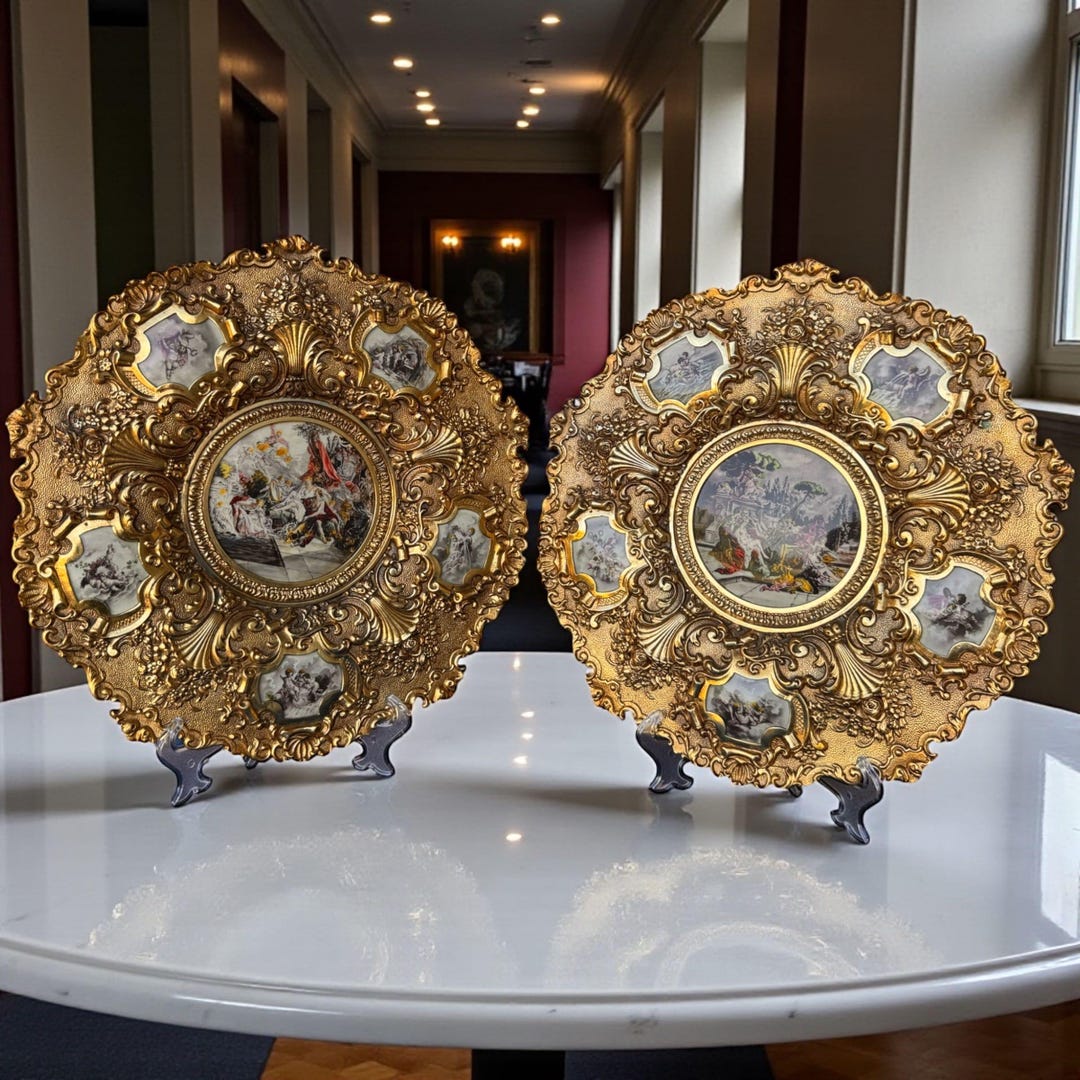 Rococo Ribbon Plate Pair of Vintage Bronze Wall Plates, Rococo Baroque Relief Chargers ...