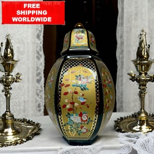 Vintage Japanese Cloisonné Style Lidded Vase – Hand-Painted Floral Enamel Gold Accents