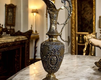 Vintage Baroque Bronze Ewer: Ornate Floral Relief Pitcher