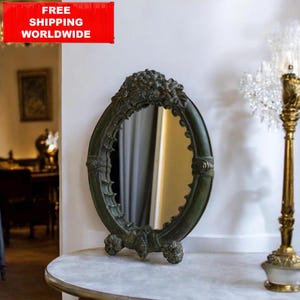 Baroque Oval Vanity Mirror 22x16cm – Vintage Style Bronze Patina Frame with Floral Details, Velvet Back, Decorative Desk Mirror, Rococo Deco