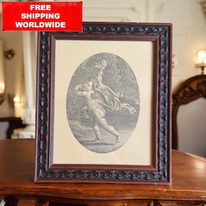 Vintage Framed Cherub Print | Classical Angel Wall Art | Neoclassical Style Wood Frame 37x31 cm / 14,5 x 12,2 in