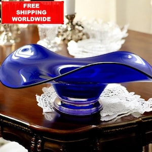 Vintage Cobalt Blue Art Glass Bowl – Murano Style Centerpiece, Mid-Century Modern Blown Glass Decor