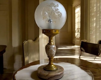 Vintage Art Deco Marble Table Lamp, Frosted Etched Globe, Brass Accents