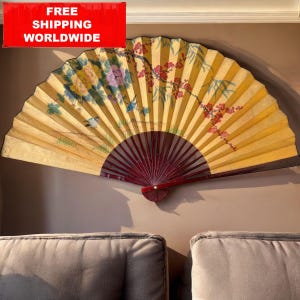 Large Hand-Painted Wall Fan – Japanese Style Folding Screen, Paper & Wood 133x74 cm / 52.3x29.1 in