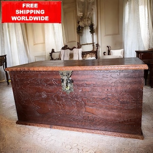 Hand-Carved Oriental Wooden Trunk: Antique-Style Brass Lock Chest