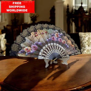 Vintage Floral Folding Fan with Black Lace | Romantic Baroque Hand Fan | Painted Flower Fan | Antique Vanity Decor Gift