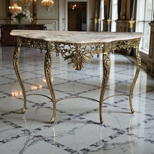May include: A marble-topped console table with ornate gold-colored metalwork. The table features a curved front, detailed legs, and decorative trim along the apron. The table's dimensions are approximately 48 inches wide, 18 inches deep, and 30 inches high.
