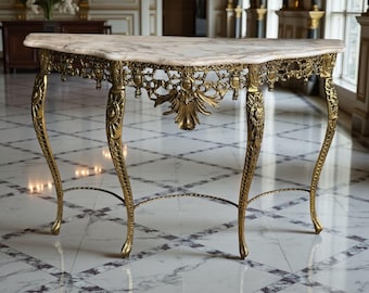 Vintage Baroque Console Table, White Marble Top, Bronze Ormolu Base, Rococo Filigree, Hollywood Regency Entryway Decor