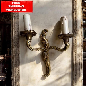 Vintage Rococo Wall Sconce – Wired Double Arm Light – Baroque Brass Lamp – 26x20 cm / 10,2 x 7,8 in – Ornate Antique Lighting