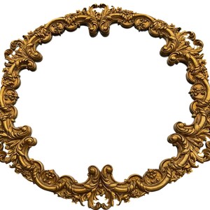 May include: Ornate gold-colored oval frame with intricate floral and scrollwork detailing. The frame has a classic, vintage aesthetic, perfect for displaying artwork or photographs. The design features a symmetrical arrangement of decorative elements.