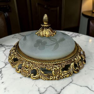 Vintage Flush Mount Ceiling Light, Frosted Glass Brass Ceiling Lamp, Floral Glass Shade, Baroque Rococo Lighting