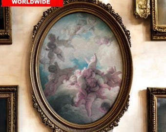 Grande peinture chérubin ovale de style antique • Art mural baroque avec cadre doré • 80 x 54 cm / 31,5 x 31 po • Scène de nuage d'ange putti