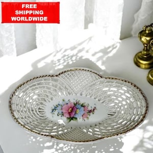 Vintage Porcelain Basket Dish – Scheitele Handcrafted Germany, Woven Floral Bowl with Gold Trim