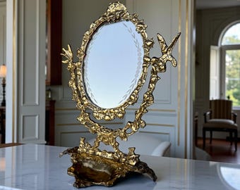 Vintage Ornate Vanity Mirror, Tabletop Dressing Table Mirror, Brass Rococo Baroque Frame, Hollywood Regency Decor, French Style 1960