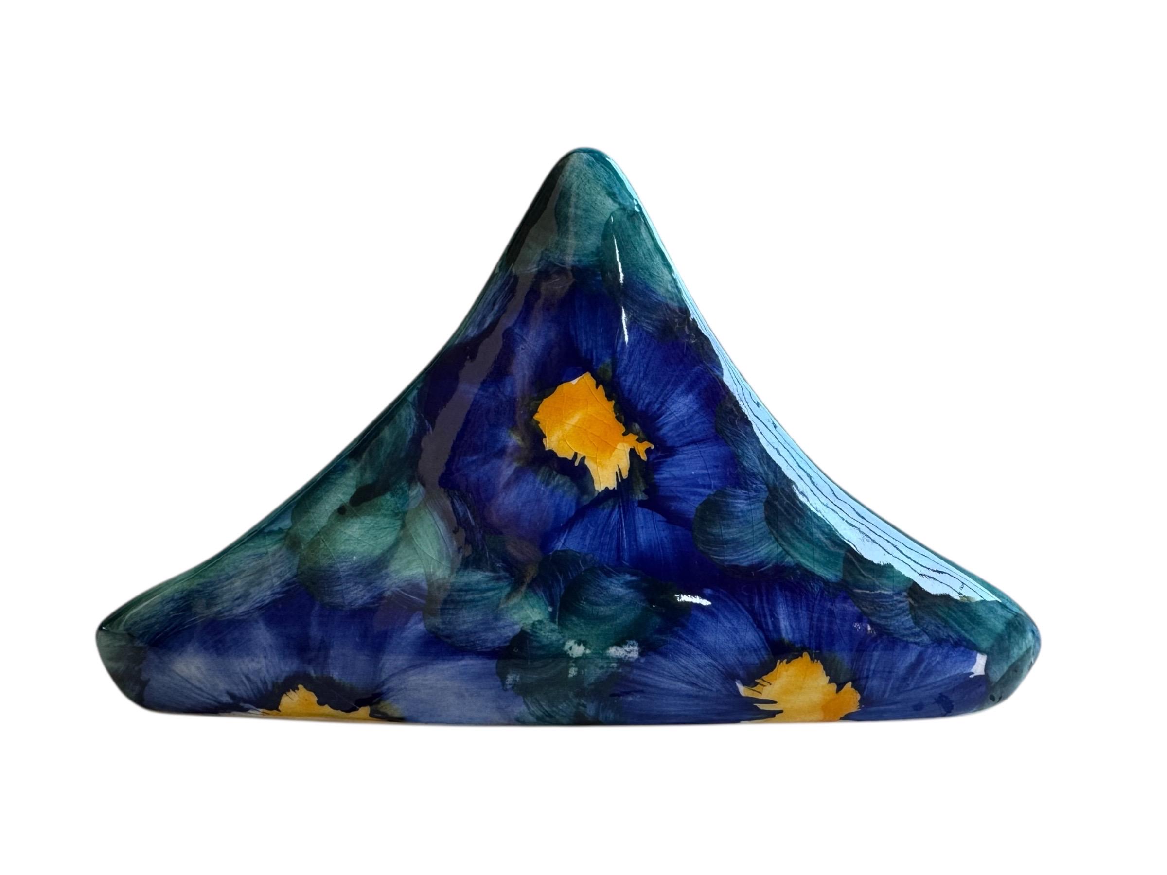 手描きの陶器製ナプキンホルダー：ブルー＆イエローの花柄ヴィンテージ