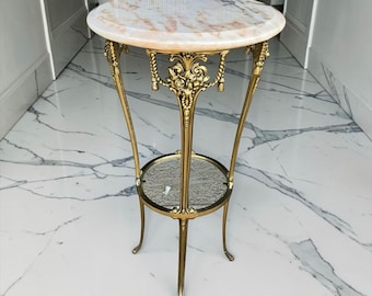 Vintage Marble Top Side Table, Gilt Bronze Hollywood Regency Gueridon With Glass Shelf
