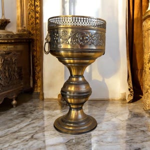 Peut inclure: Un pot de fleurs sur piédestal en laiton antique avec des motifs floraux et de feuilles ornés. Le pot a un bord décoratif, une poignée en forme de tête de lion et une base à plusieurs niveaux. Le récipient vintage est adapté à l'intérieur ou à l'extérieur.