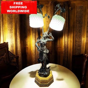 Vintage Art Nouveau Table Lamp – Woman Figurine, Dual Glass Shades, Ornate Base 79x20 cm / 31x8 in