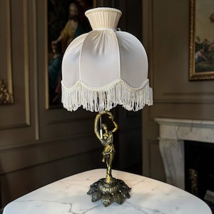 Bronze Figural Table Lamp, Satin Fringe Shade, French Rococo Lady Lamp, Romantic Vanity Lighting
