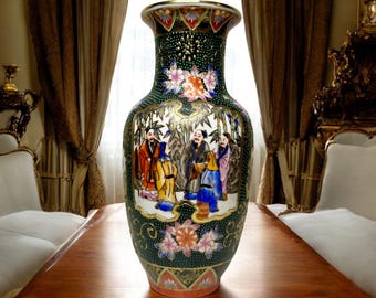 Vintage Chinese Cloisonné Vase – Hand Painted Oriental Scene – Enamel Floral Vase – Asian Decorative Art