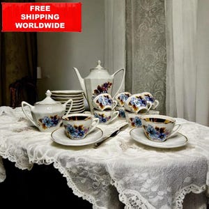 Vintage Floral Porcelain Tea Set: European Coffee Service for Six