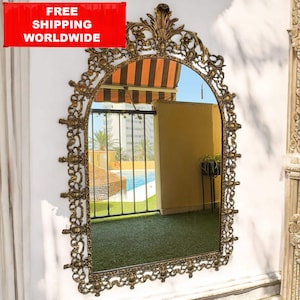 Vintage Ornate Brass Wall Mirror: Large Baroque Arch, 124x84 cm