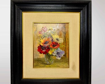 G. ダンストの花の油絵：ヴィンテージのアネモネの静物画（黒と金の