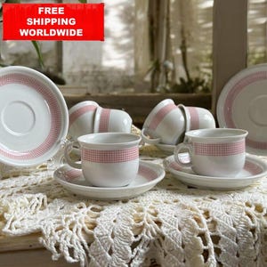 Thomas Germany Coffee Set – 6 Pink Grid Teacups with Saucers – Vintage German Porcelain – 1970s Modernist Design Tableware