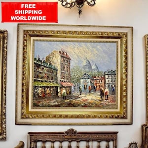 Signed Caroline Burnett Oil Painting – Paris Montmartre Scene with Sacré-Cœur – Vintage Framed French Artwork