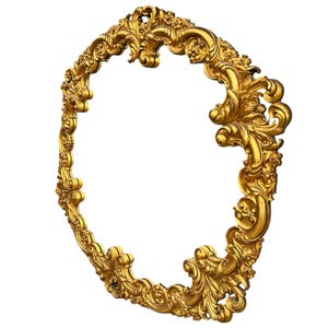 May include: Ornate, gold-colored oval frame with intricate floral and scrollwork detailing. The frame has a three-dimensional appearance and is set against a white background. The design is highly decorative and classic.
