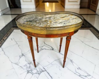 Marble Top Side Table, Vintage Oval End Table, Brass Gallery Accent Stand, French Style 1950