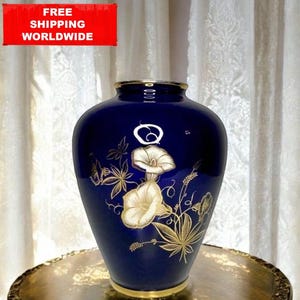 Vintage Cobalt Blue Porcelain Vase with Gold Floral Design | German Marked | Classic Urn Shape | Elegant Home Decor