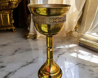 Vintage koperen plantenbak, hoge urn, beker plantenstandaard, Hollywood Regency metalen jardiniere