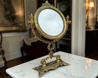 Vintage Bronze Oval Vanity Mirror, French Rococo Tilting Mirror 1970